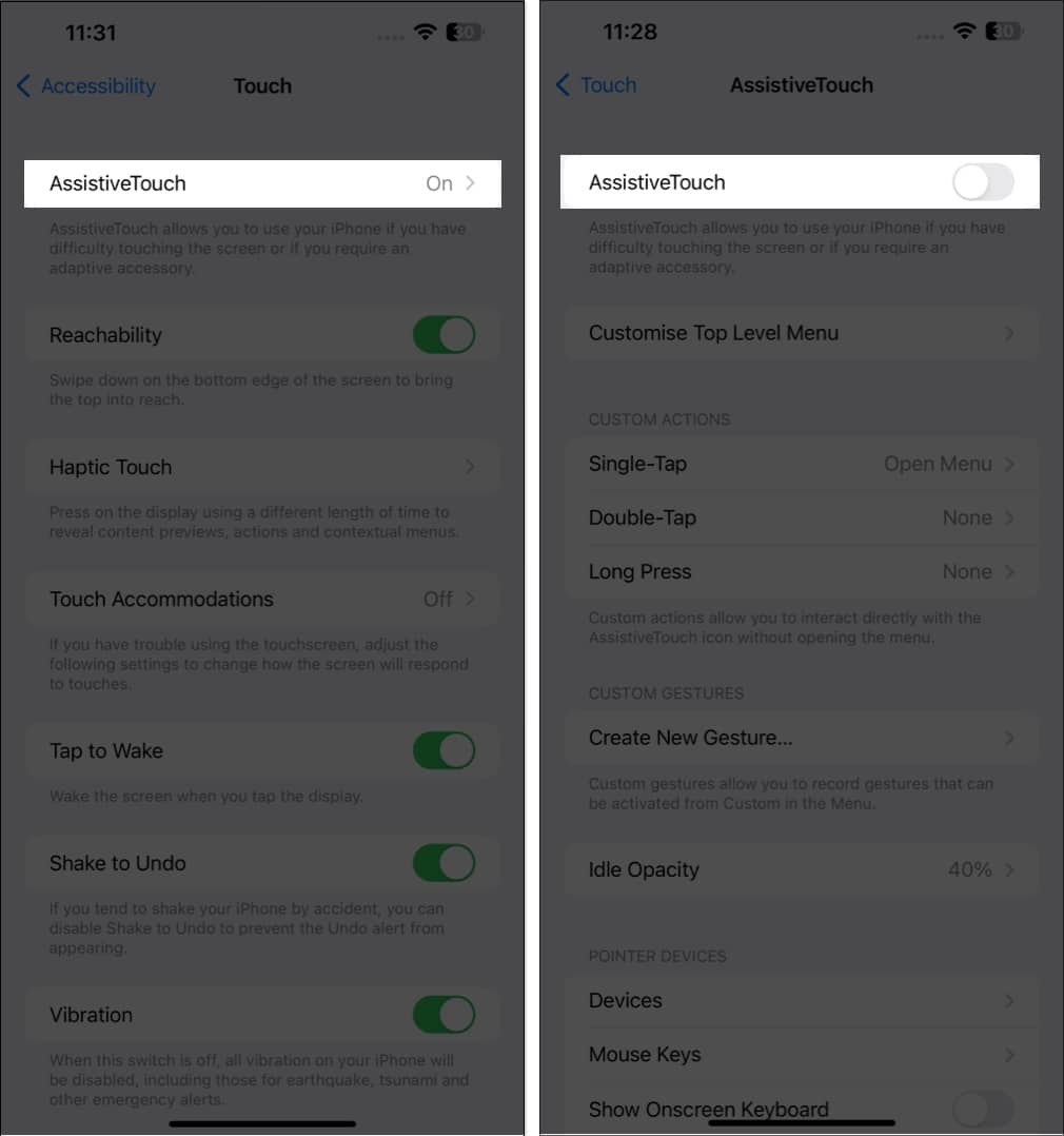 Open AssistiveTouch toggle off assistivetouch in settings