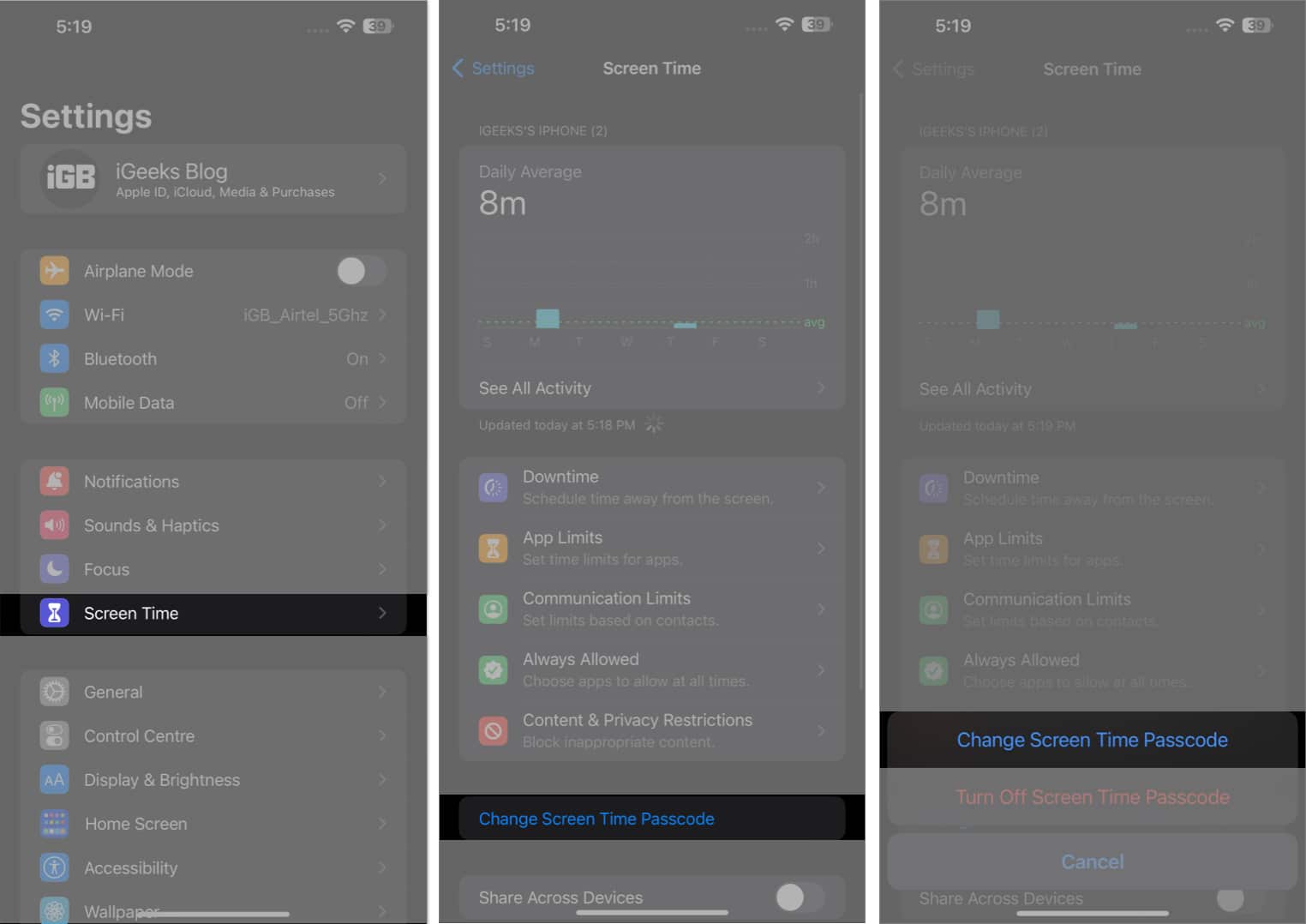 Select screen time tap change screen time passcode change screen time passcode in the settings app