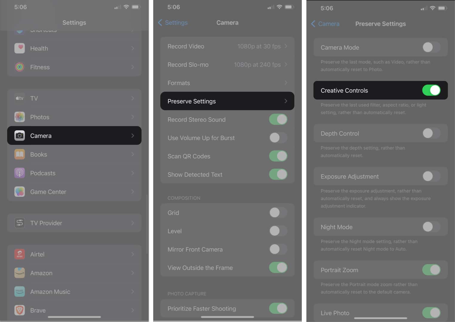 Settings Camera Preserve Settings Toggle on Creative Controls
