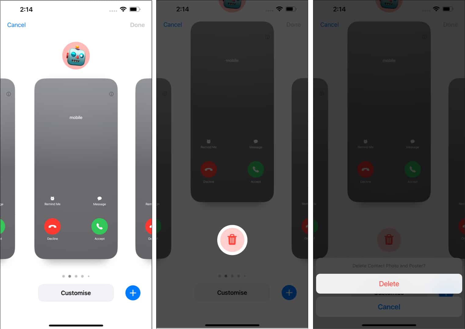 Swipe up the template bin icon delete in calls
