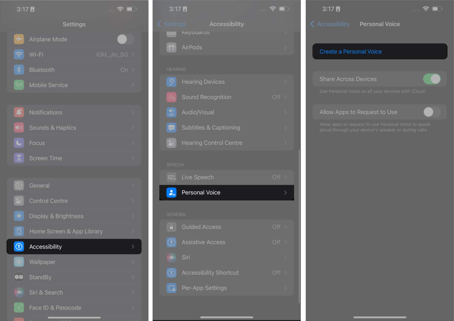 Tap Accessibility personal voice create personal voice in settings
