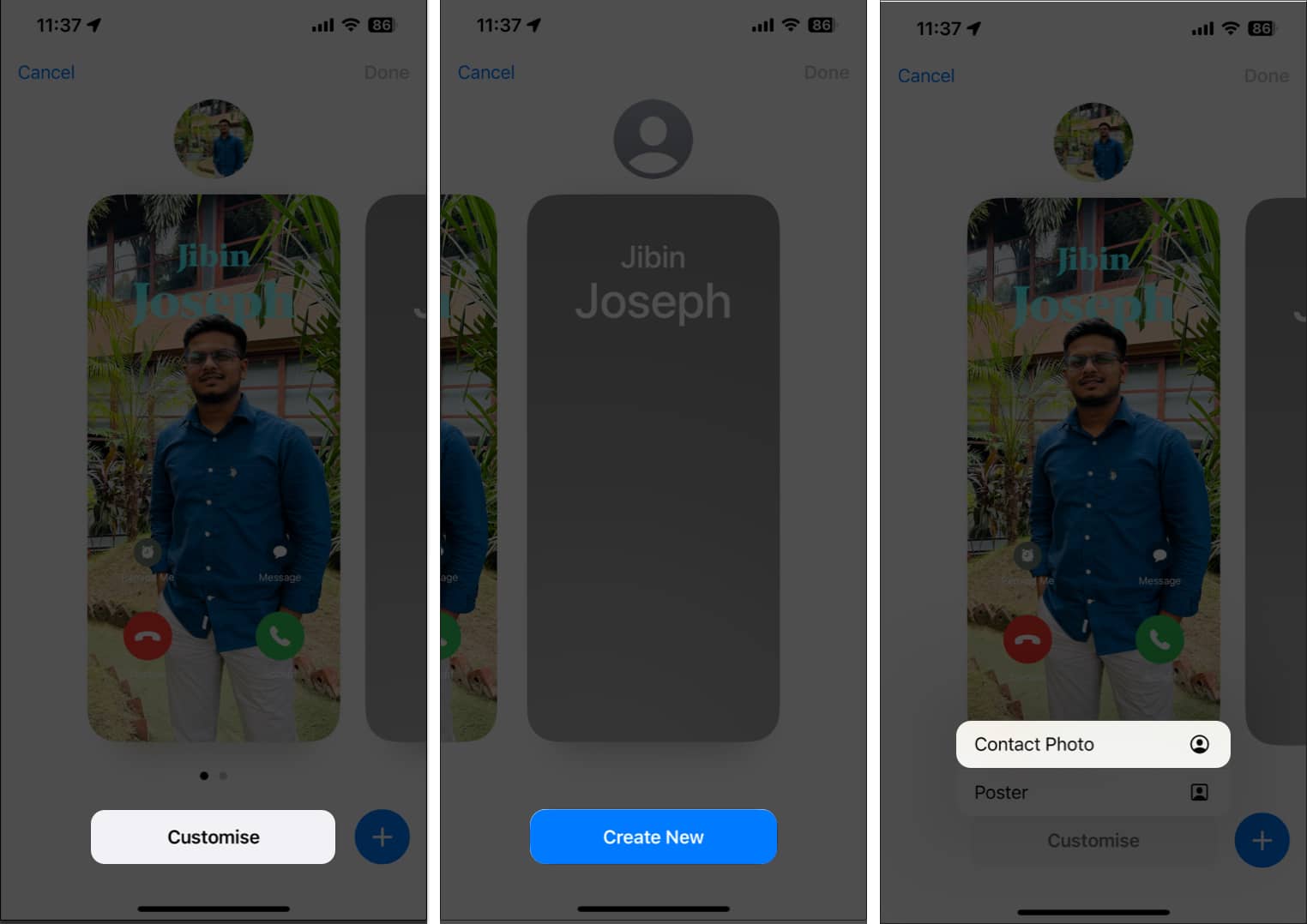 Tap Customize create New Select Contact Photo