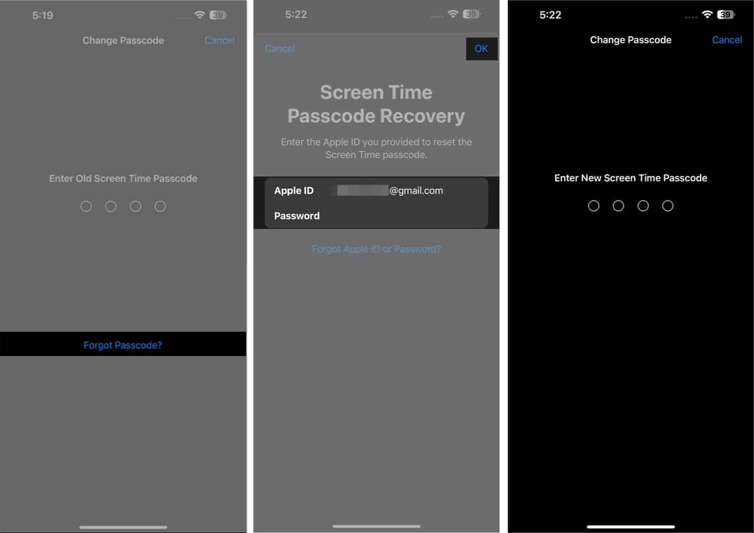 Tap Forgot passcode enter your credentials