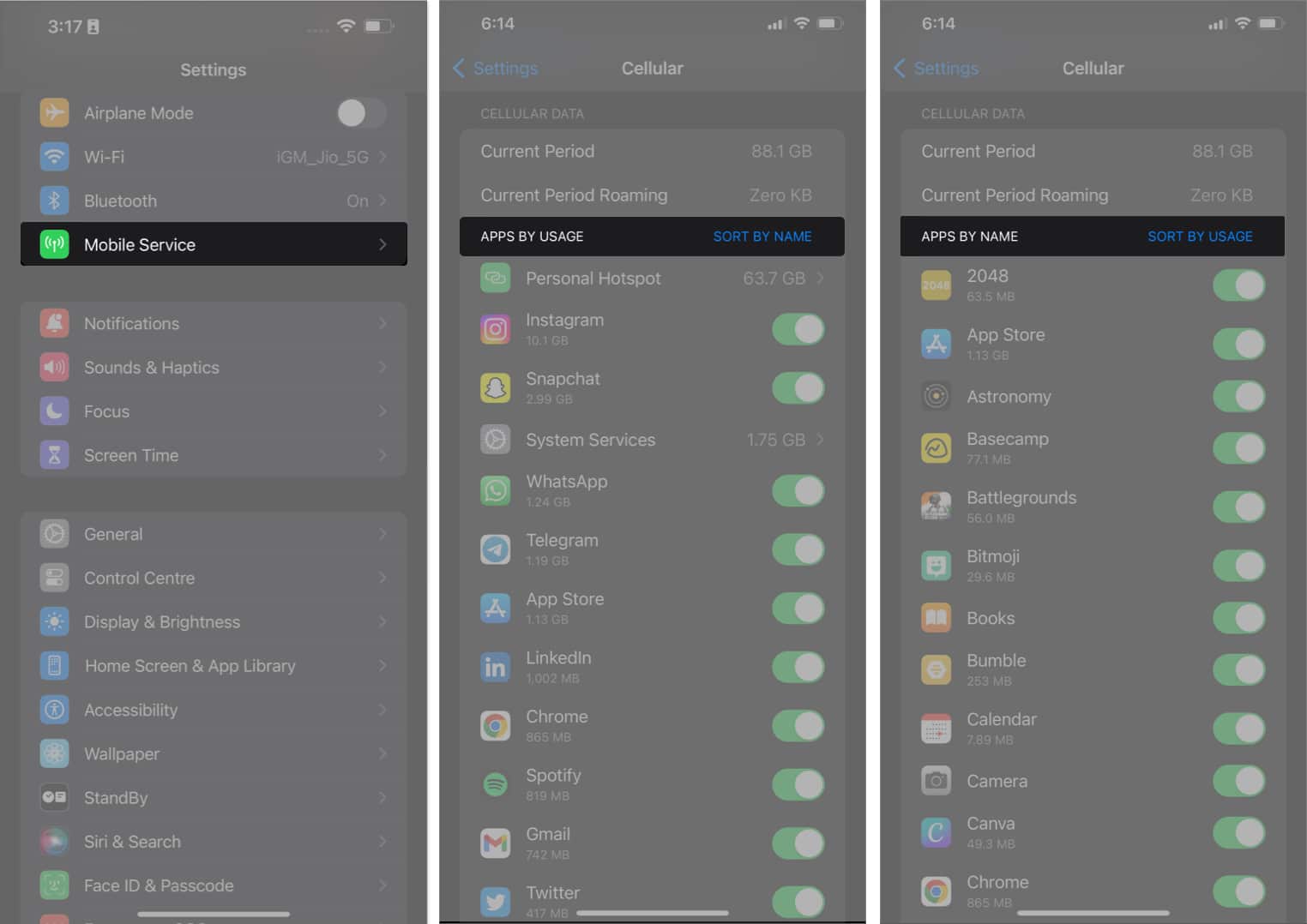 Tap Mobile service sort the activities of apps as you desire in settings