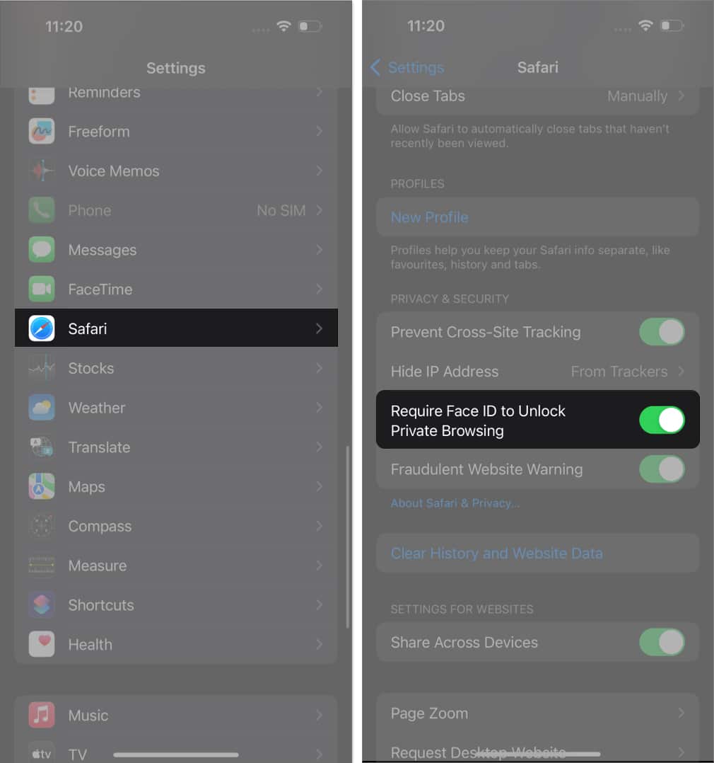 Tap Safari toggle on Require Face ID to unlock private browsing in settings