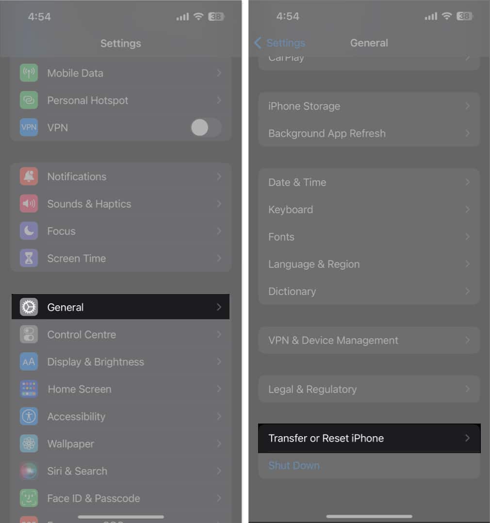 Tap general transfer and reset iPhone in settings