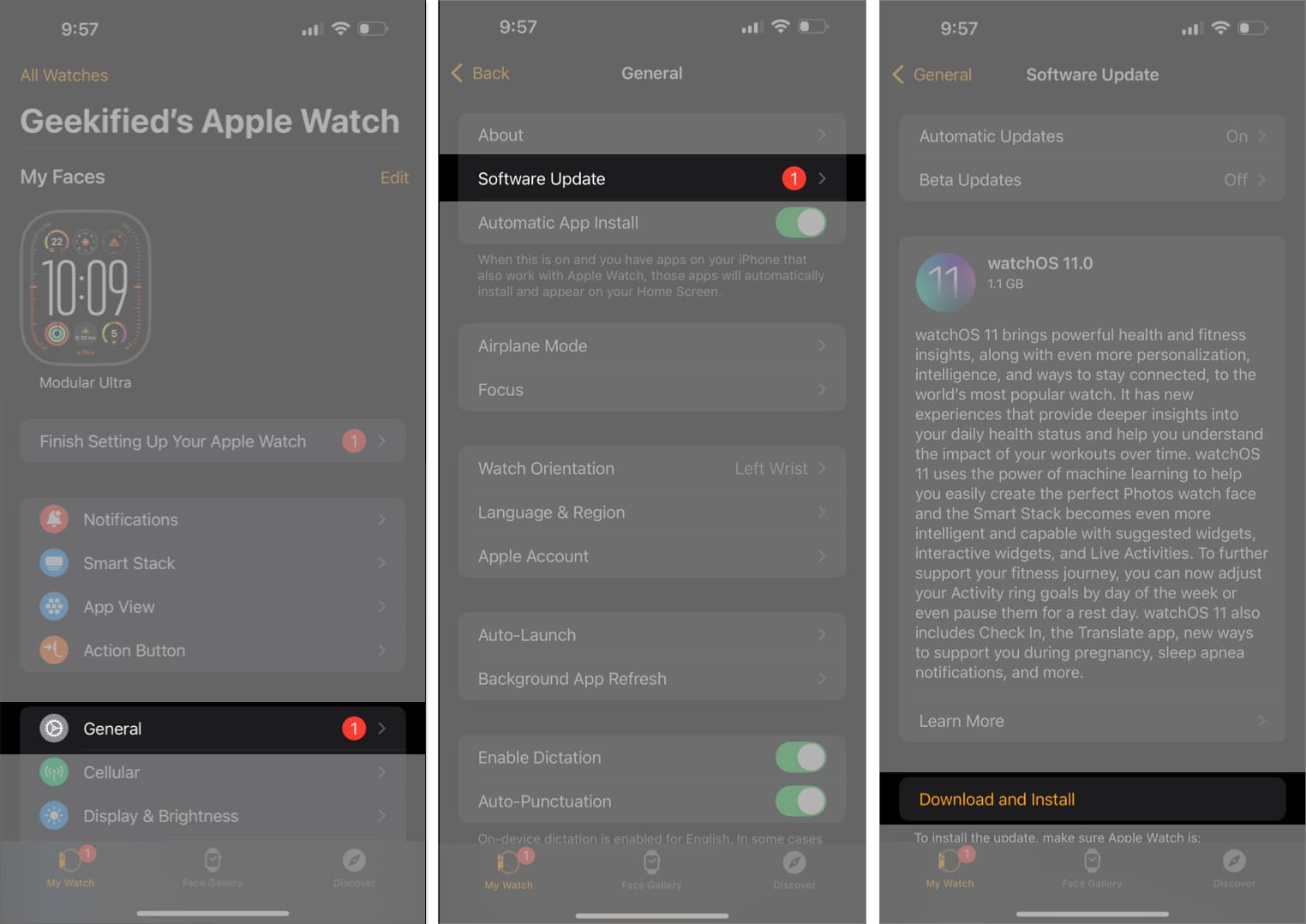 Checking and installing pending watchOS updates through the Watch app on an iPhone