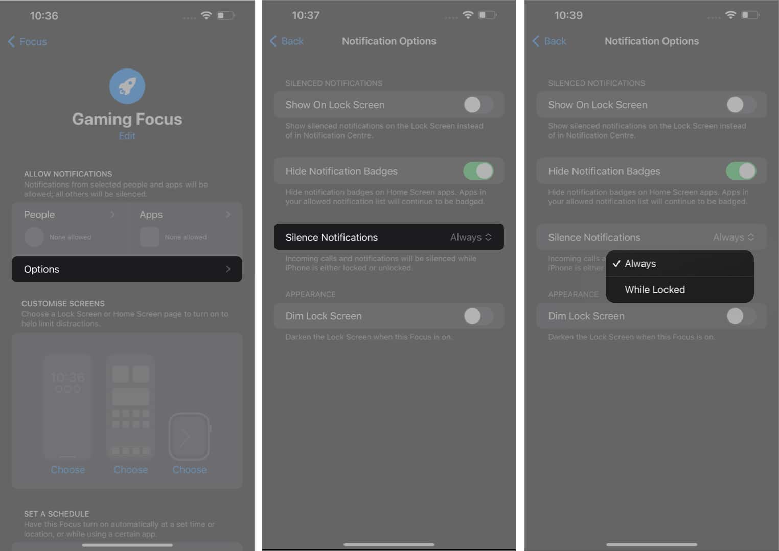 Tap options Silence notification select a mode in settings