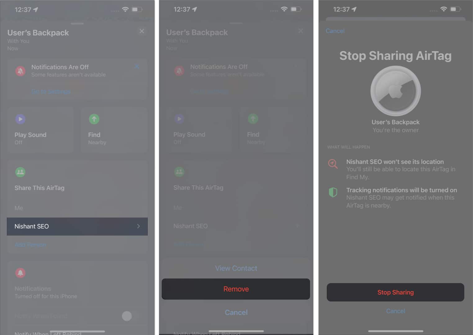 Tap the person remove Stop Sharing in Find My