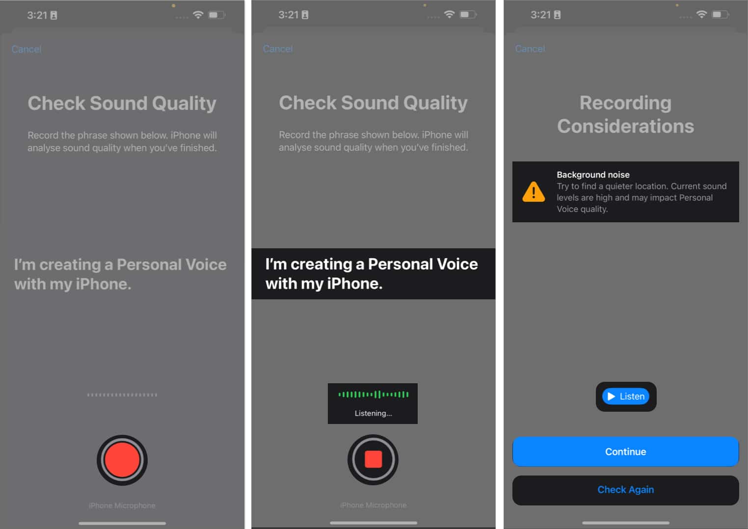 Tap the play icon stop icon listen the audio continue check again in personal audio