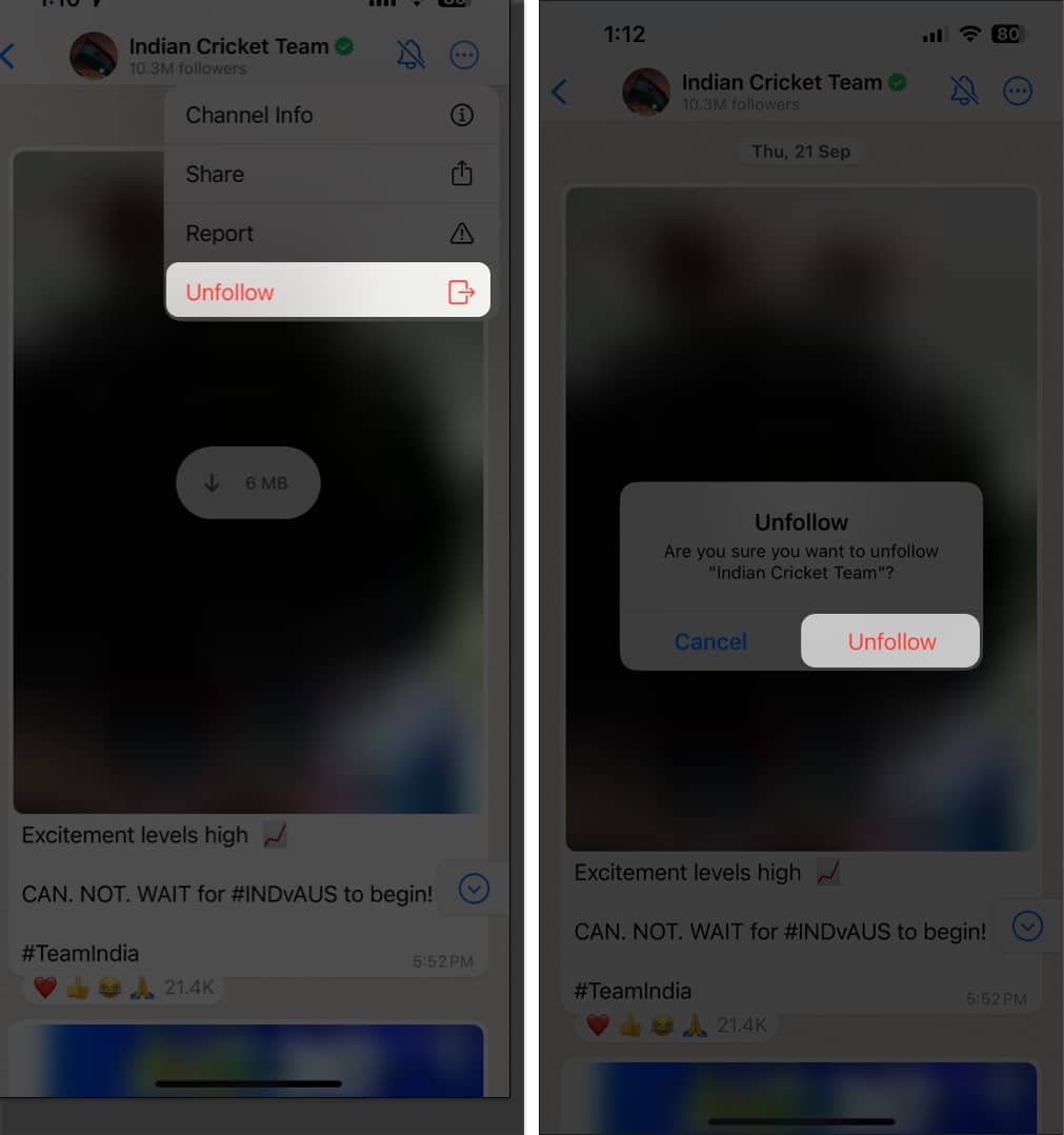 Tap three dot icon select unfollow in WhatsApp on iPhone
