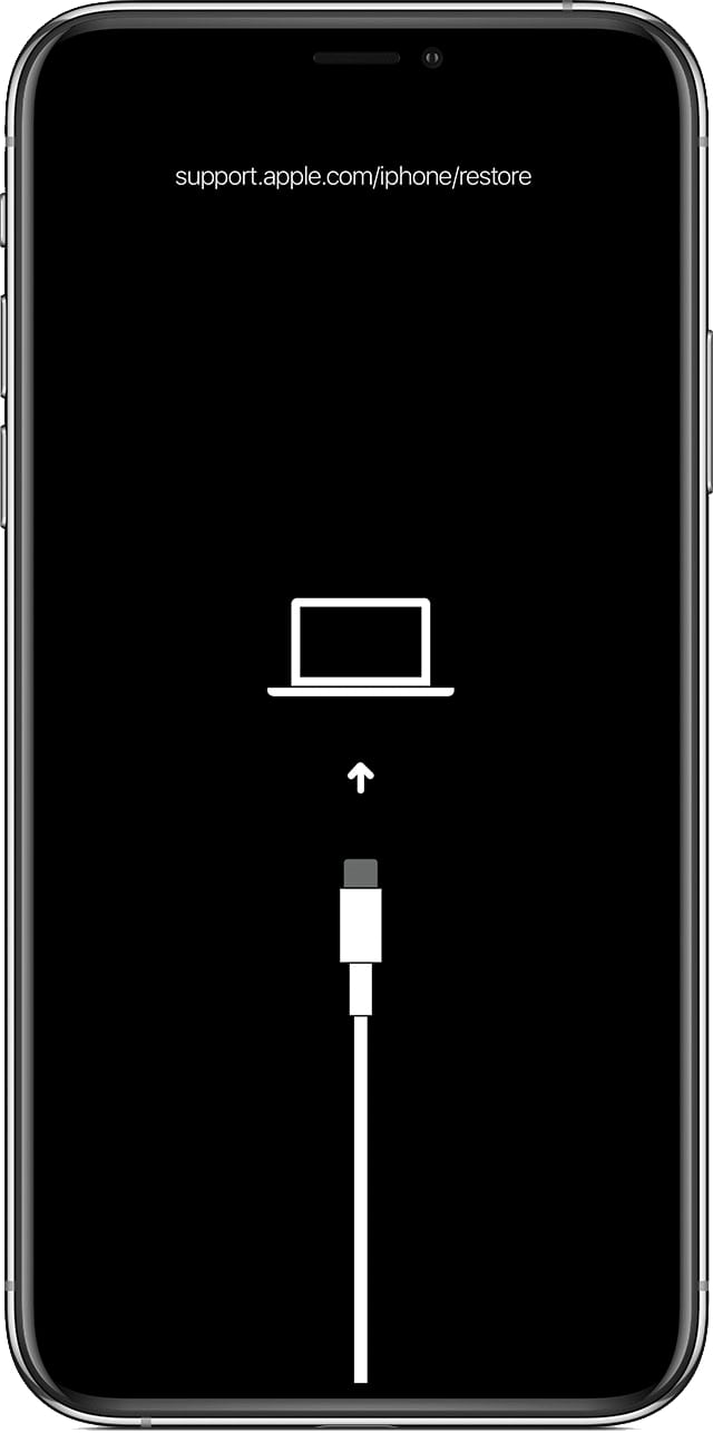 black iphone recovery mode screen with a cable pointing towards a laptop