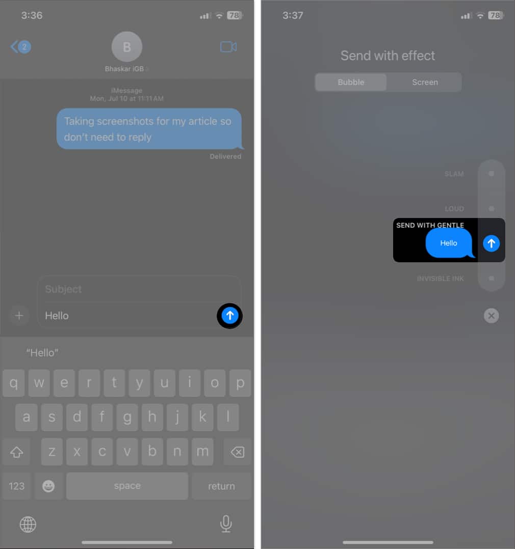 long press the send button select a message effect and tap send in imessage