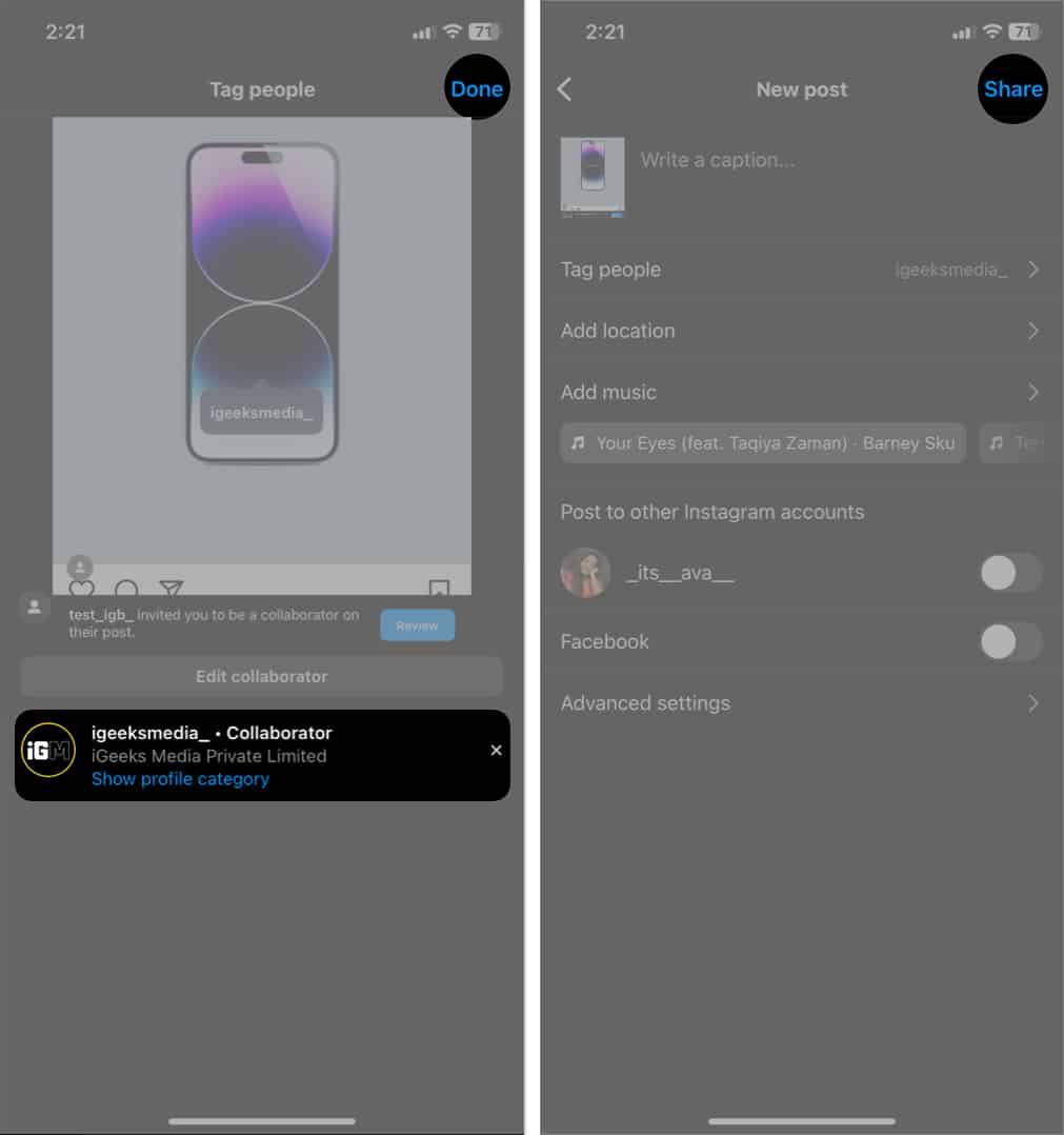 tap done tap share in instagram