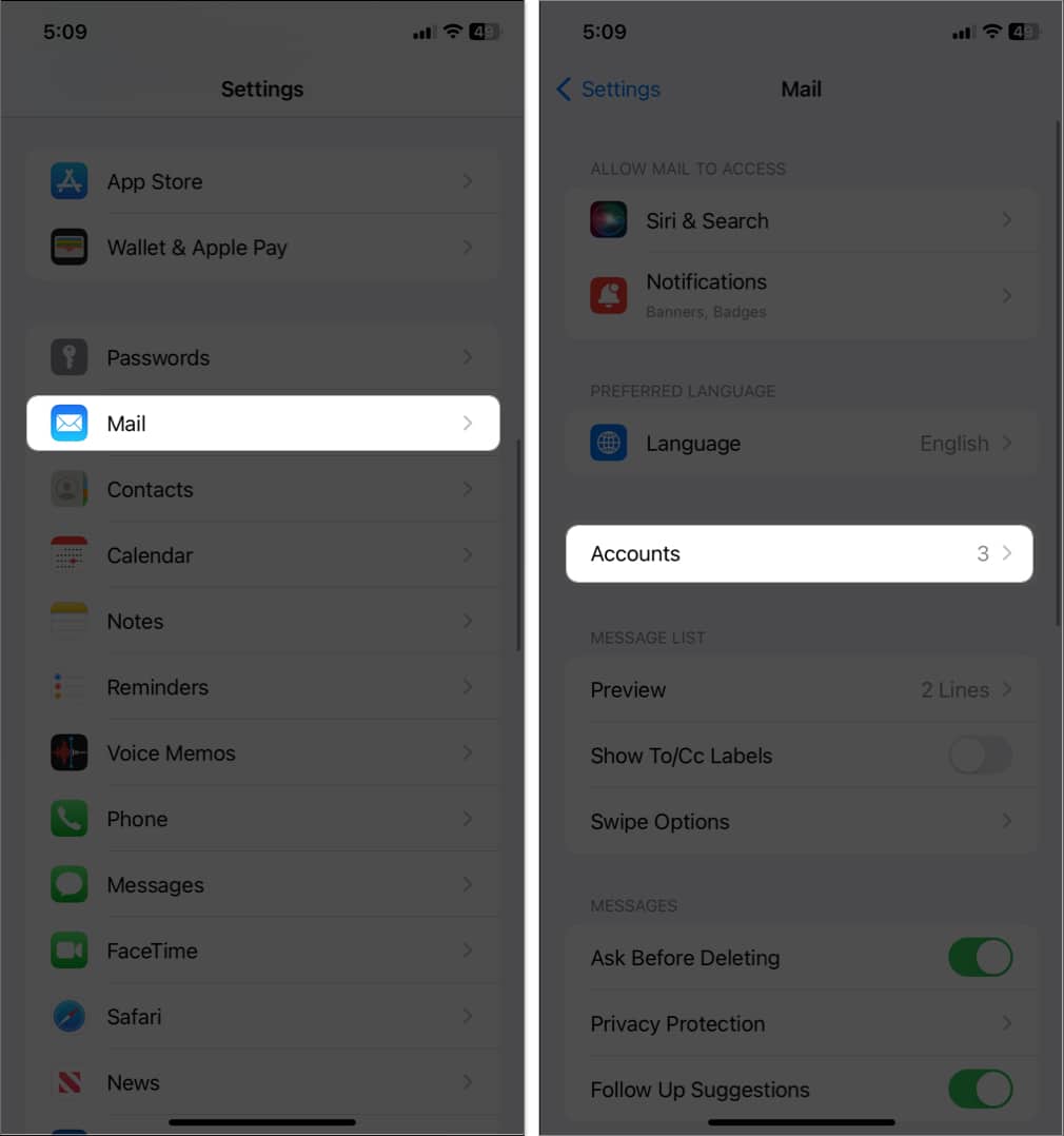 tap mail accounts in settings