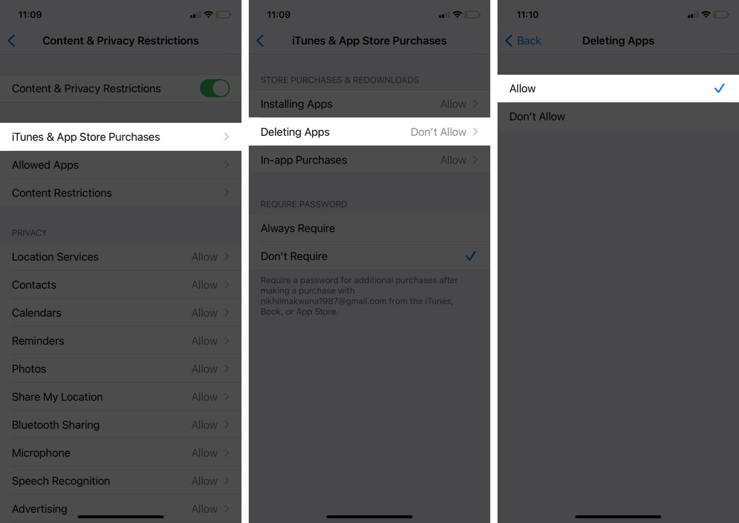 tap on itunes  app store purchases and then tap on deleting apps and select allow on iphone