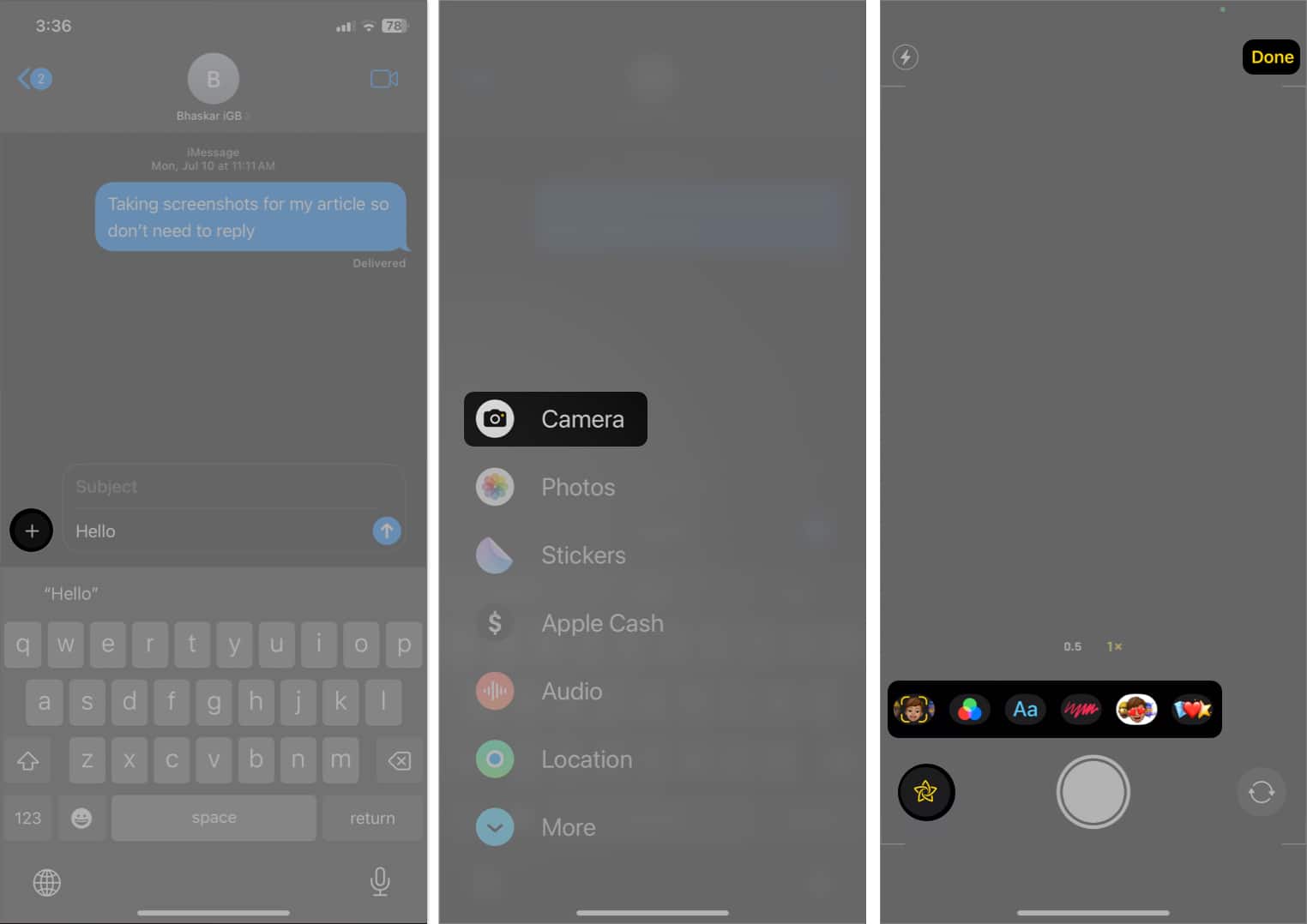 tap plus sign select camera tap effects icon select a effect click photo tap done in imessage