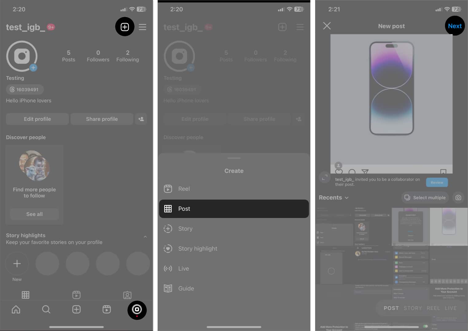 tap profile icon tap plus sign select post choose image tap next in Instagram