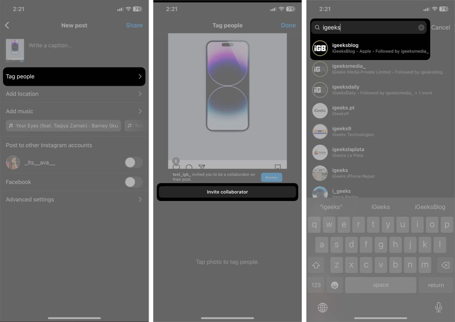 tap tag people tap invite collaborator search for the accont in Instagram