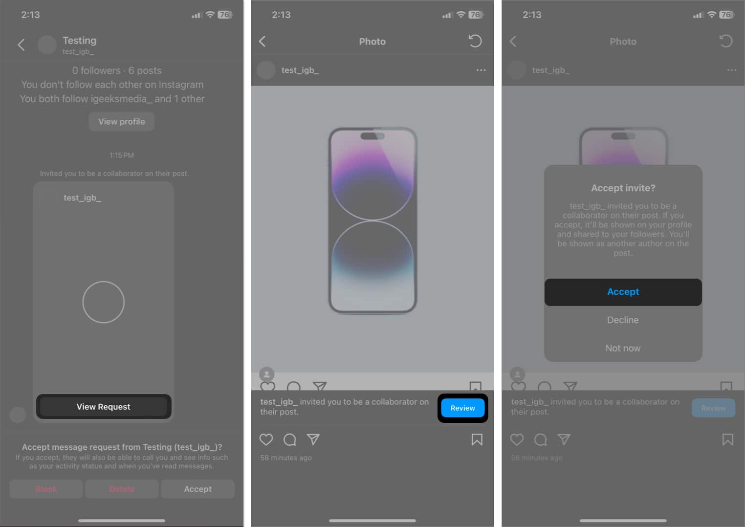 tap view request tap review tap accept on Instagram