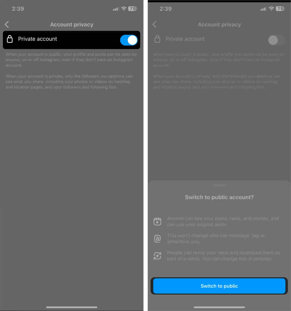 toggle off private account tap switch to public in instagram