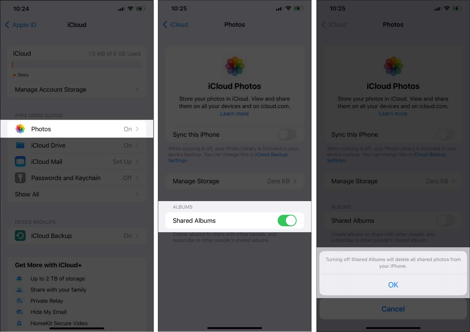 Choose Photos toggle off Shared Album tap OK