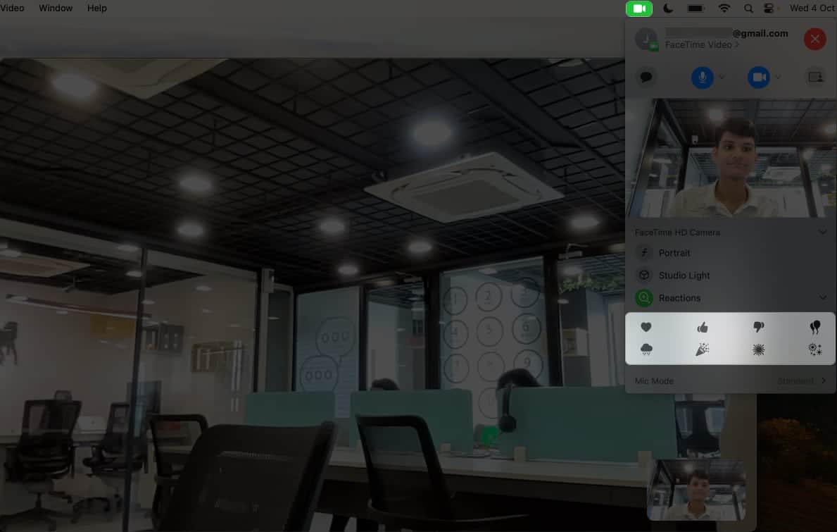 Click FaceTime from menu bar Reactions select a re