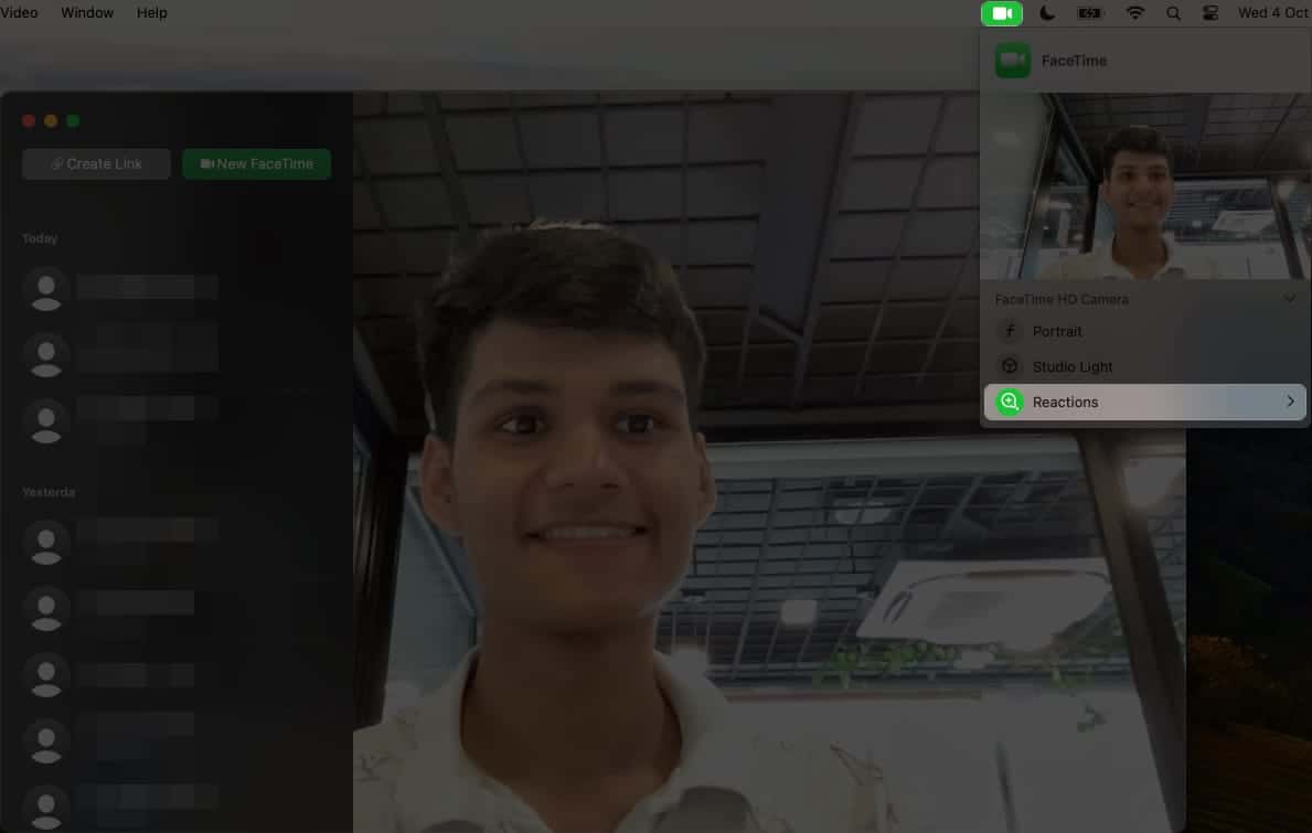 Click FaceTime from menu bar Select reactions