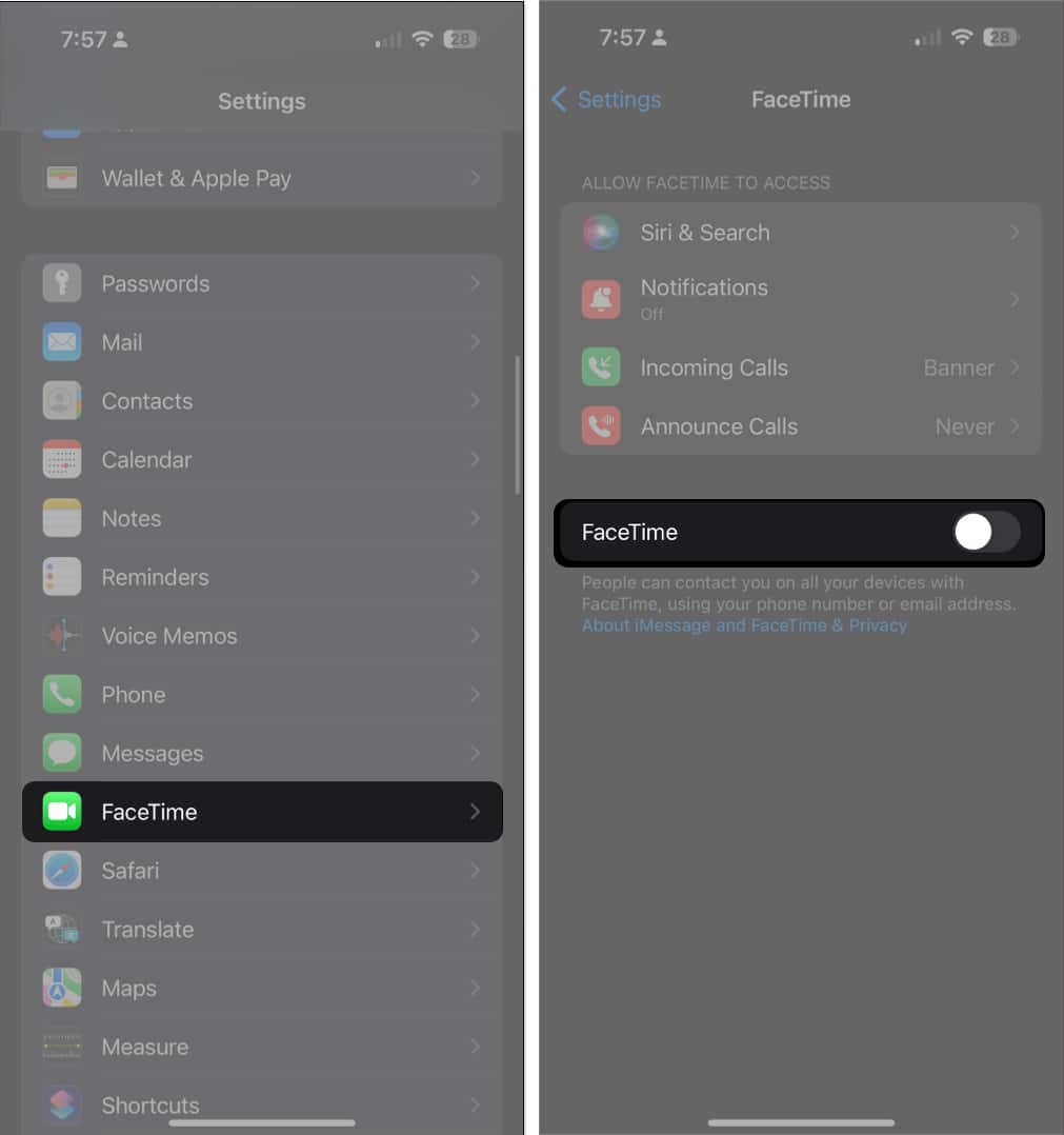 Disable and re enable FaceTime