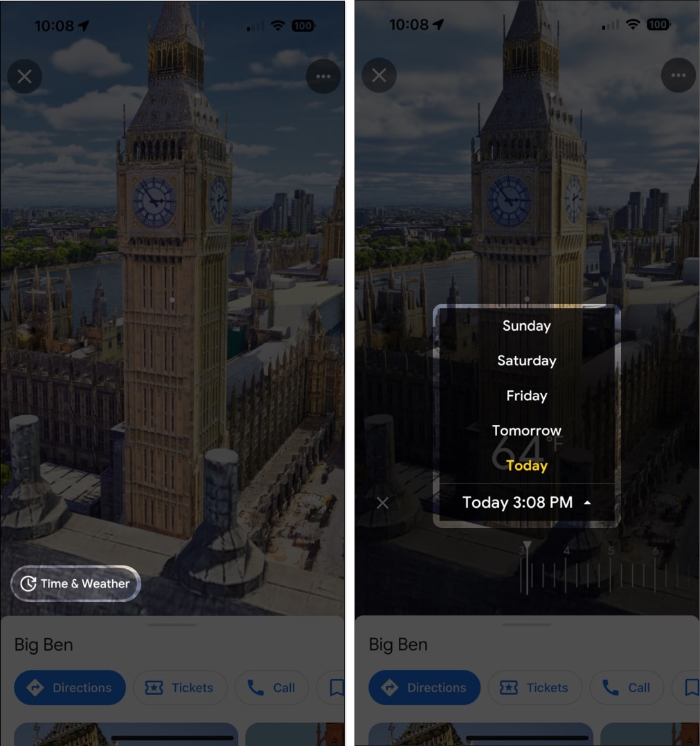 Enter Immersive View and tap Time and Weather