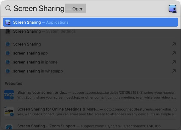 Open Spotlight search for and launch Screen Sharing