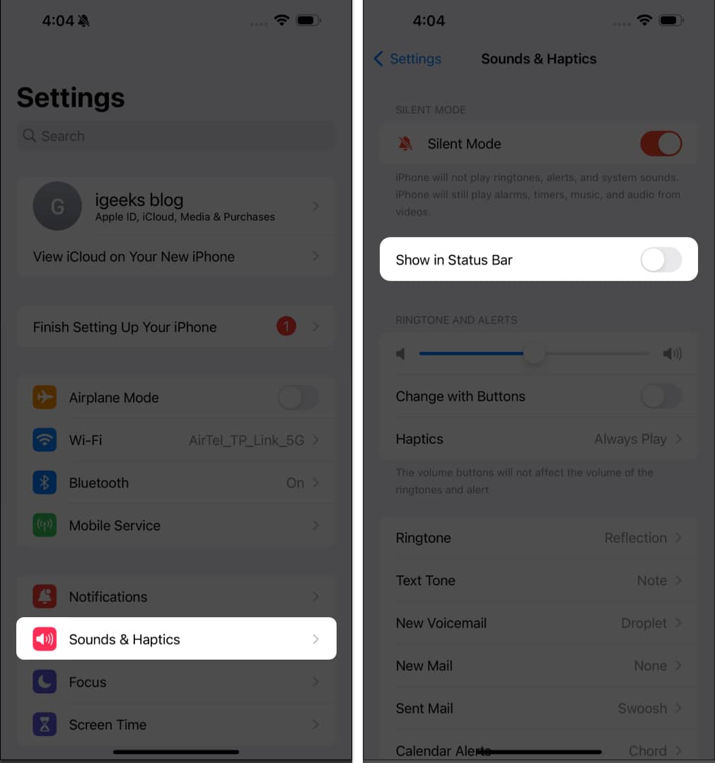 Tap Sound  Haptics turn off show in status bar