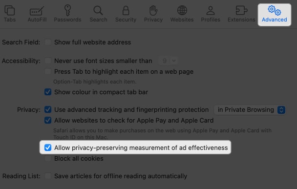 go to advanced select allow privacy privacy preserving measurement of ad effectiveness in safari on mac