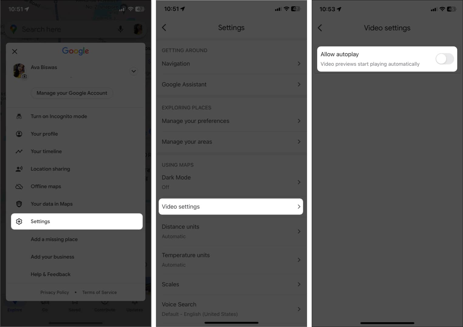 go to profile settings video settings toggle off allow auto play in google maps