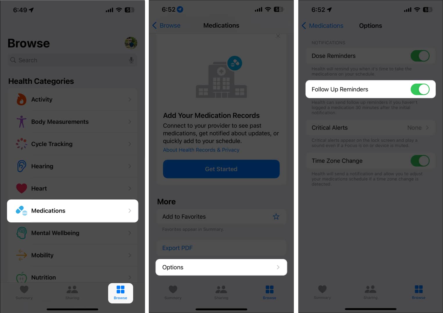 Browse Medications Options toggle on Follow up reminders in Health