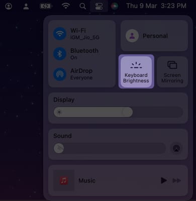 Control Center clicking the Keyboard Brightness icon