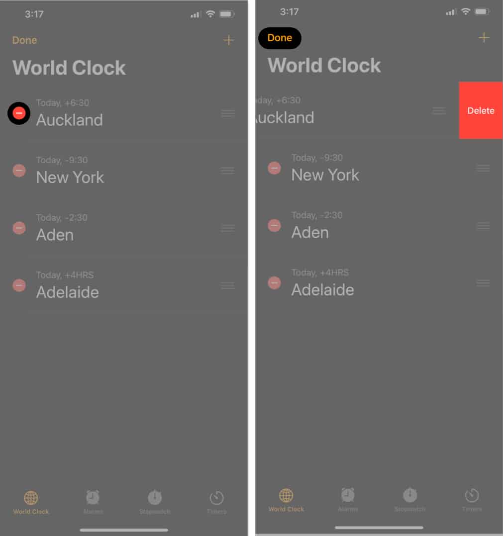 Delete World Clocks with   icon on Apple Watch