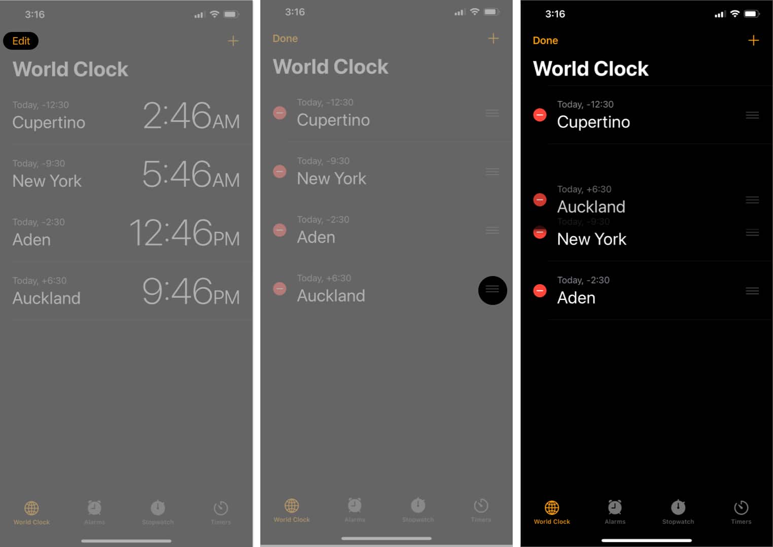 Edit and Rearrange World Clock with three layered sandwich icon