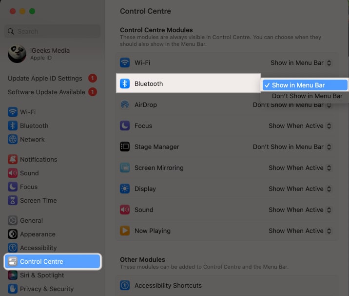 Go to Control Centre then Control Center modules look for Bluetooth and select Show in Menu Bar