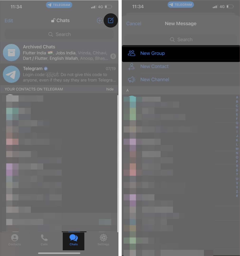 Navigate to the Chats tab tap the New message icon and select New Group
