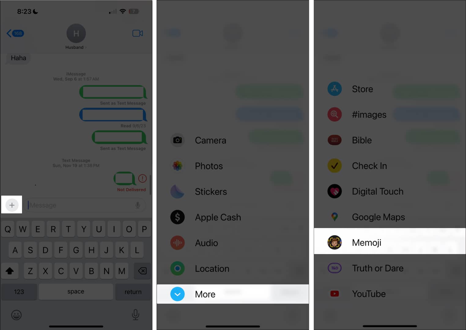 Open Messages app Tap Plus icon and select Memoji