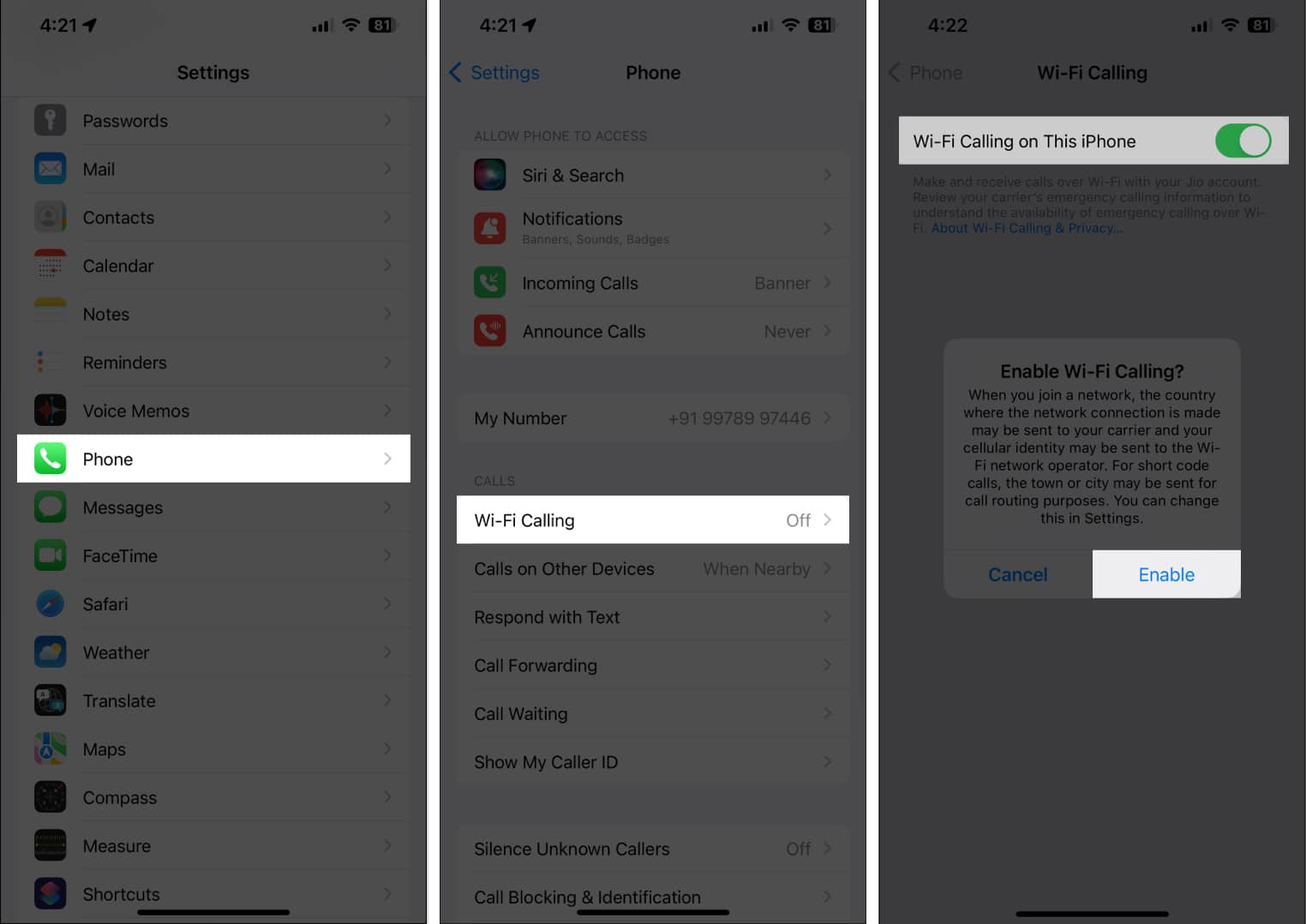 Phone Wi Fi calling Toggle on Wi Fi Calling on This iPhone Enable