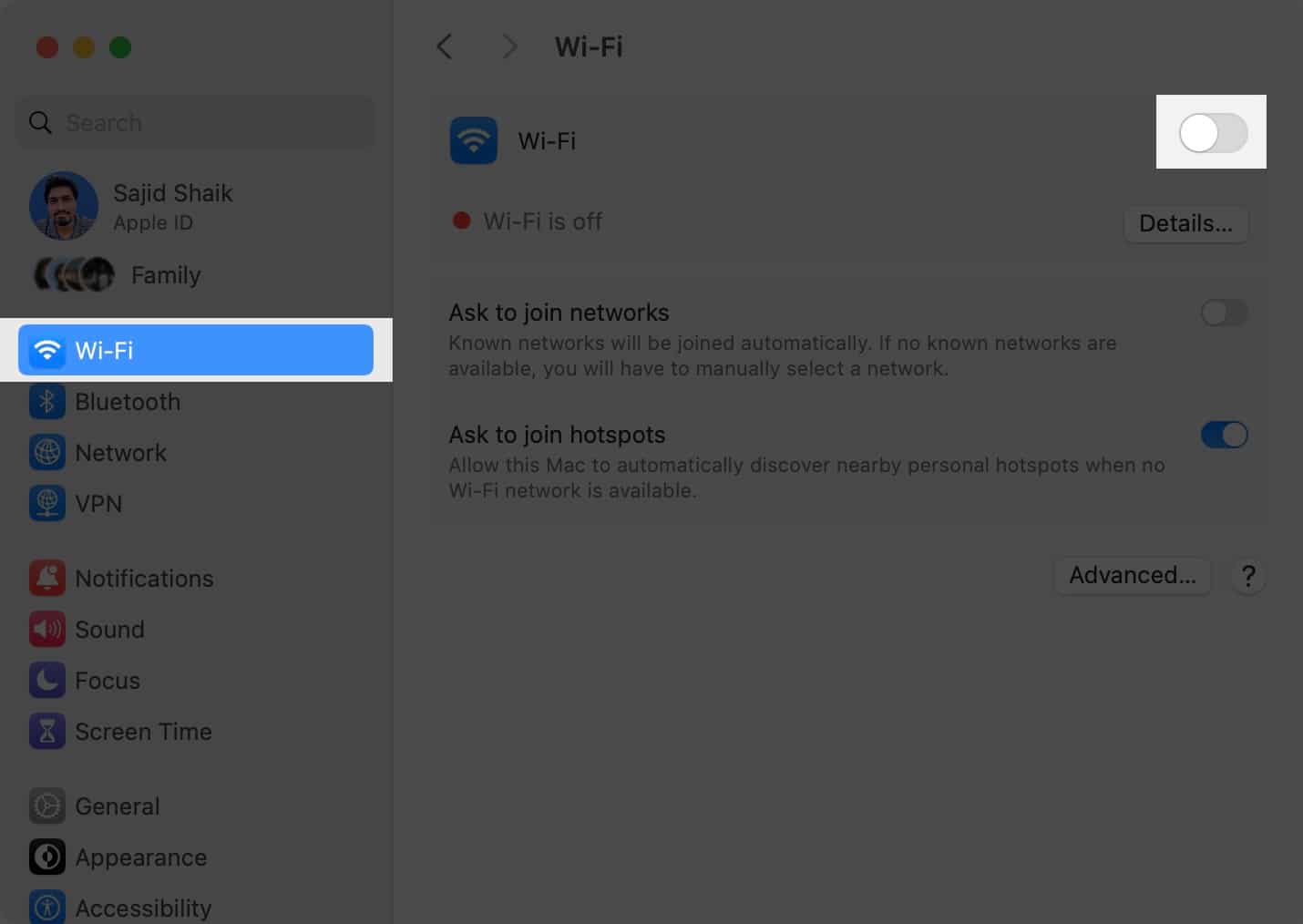 Select Wi Fi in System Settings and turn off the Wi Fi toggle