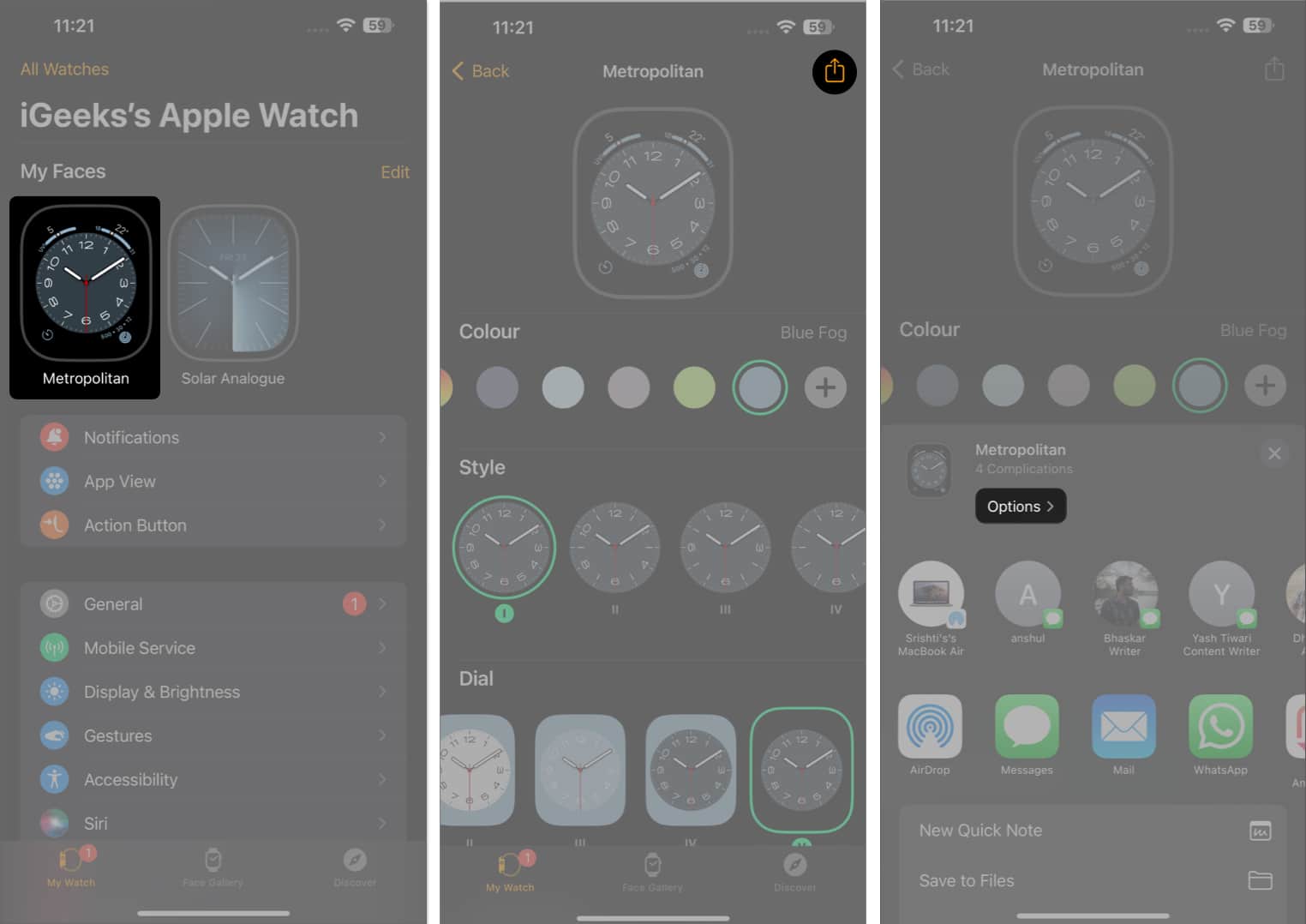 Select watch face tap share options