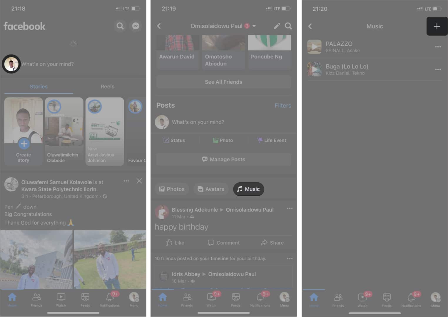 Tap the cross + icon at top right in Facebook on iPhone