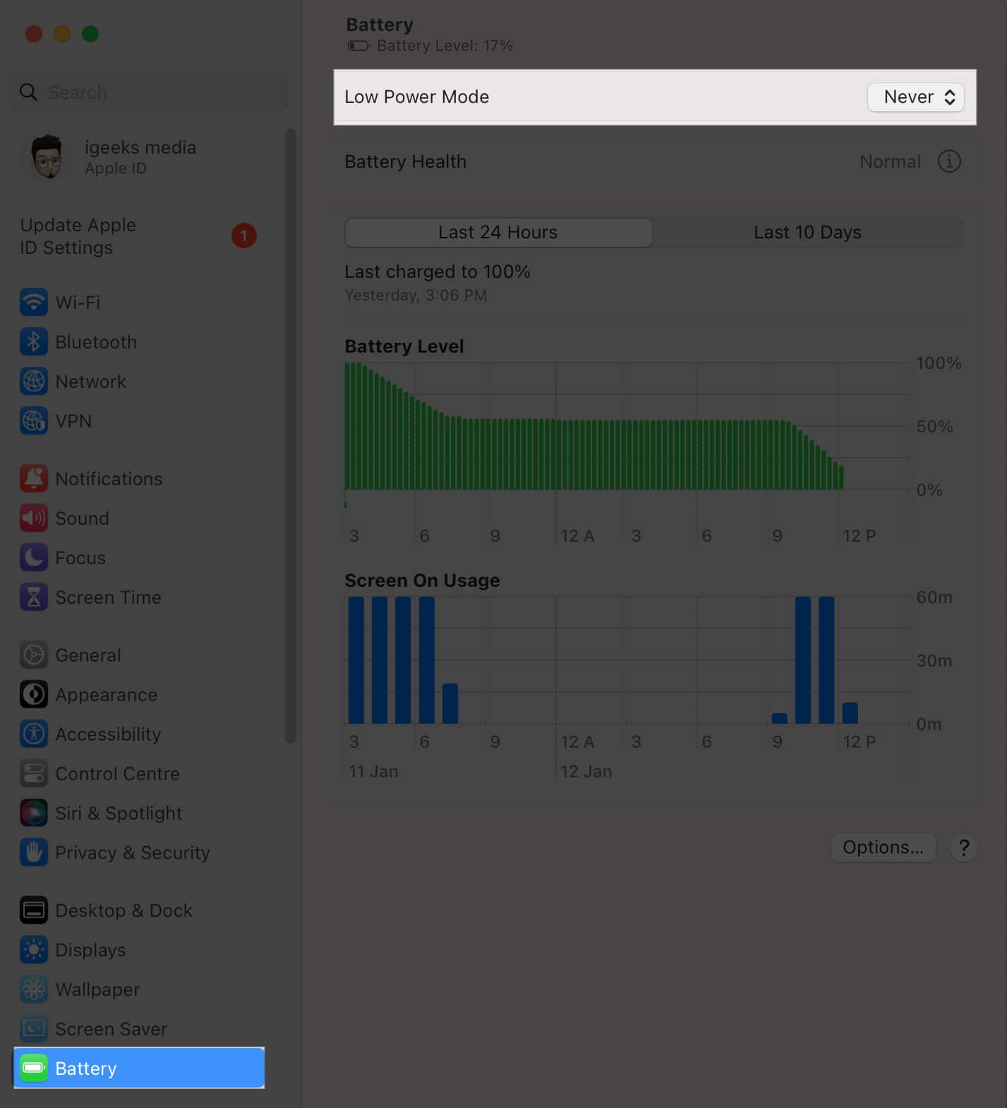click battery select never in low power mode in system settings