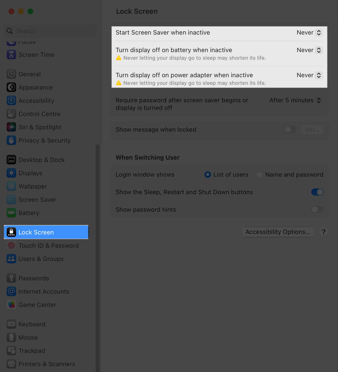 click lock screen select never in system settings