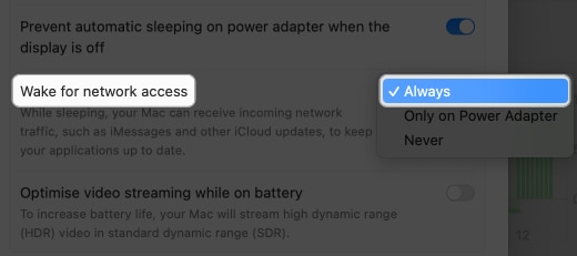 click the drop down beside wake for network access and select always in battery settings