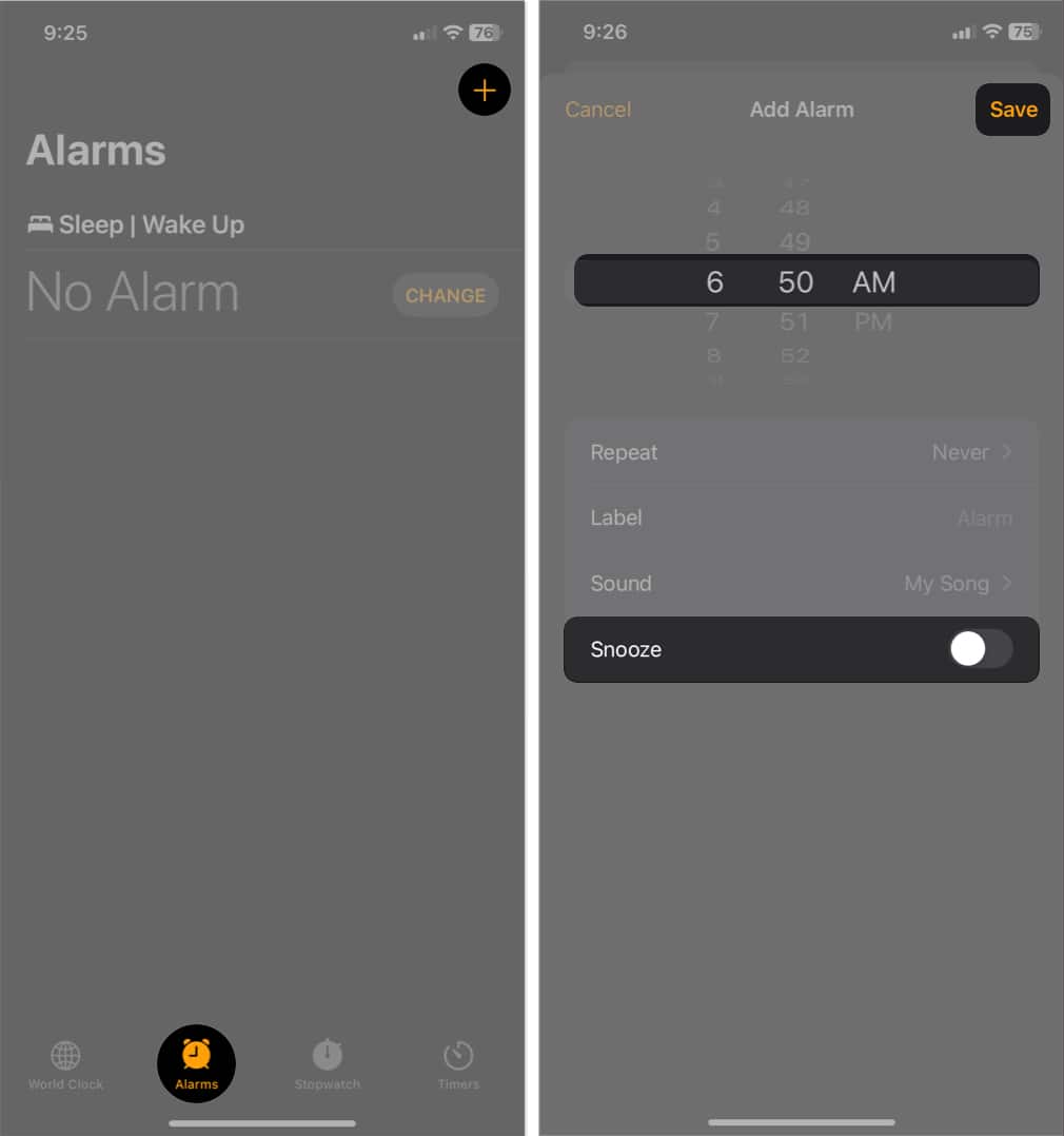 go to alarms tap the plus icon set a time toggle off snooze tap save in clock
