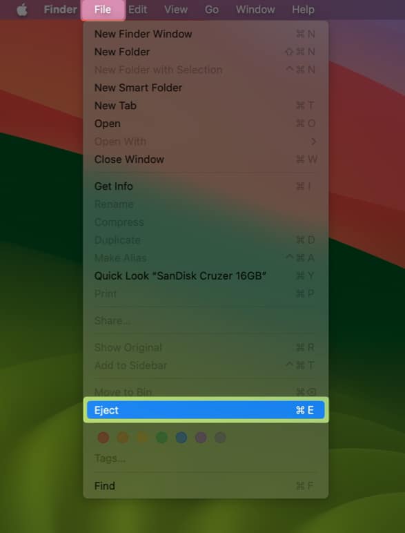 go to file and select eject
